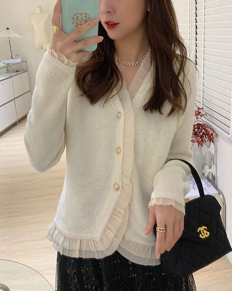 v领针织开衫外套女设计感蕾丝木耳边甜美气质法式小香风短款毛衣