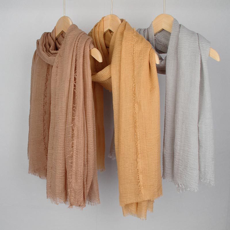 cross-border solid color cotton and linen scarf women‘s bag scarf european and american monochrome cotton and linen bubble towel sunscreen scarf wholesale