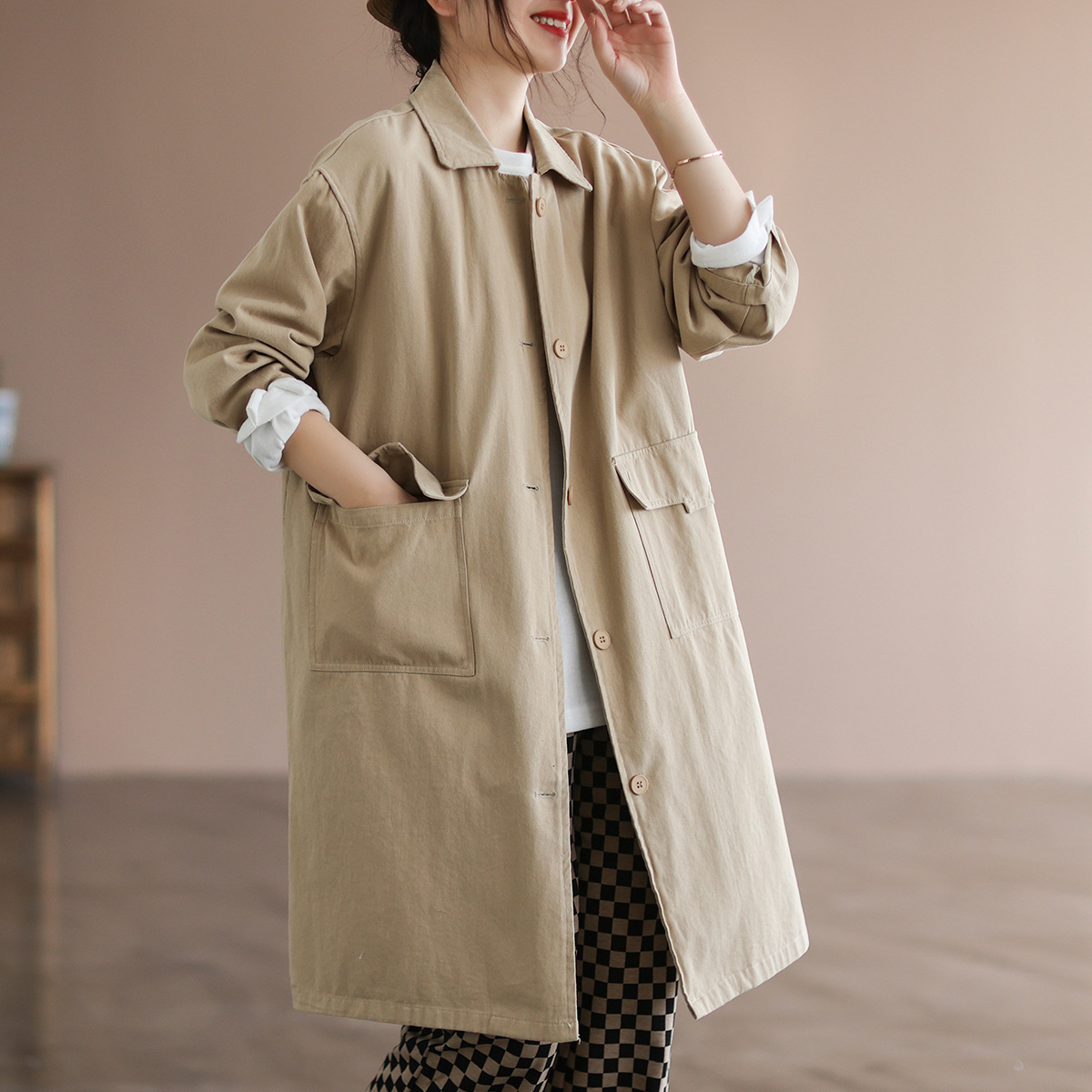 2022夏季新款棉质百搭纯色风衣女文艺宽松显瘦休闲中长款外套6235