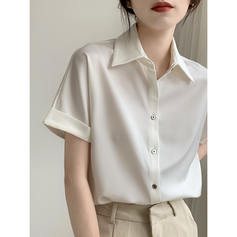 白色缎面短袖衬衫女夏正装polo职业高端气质绸缎上衣通勤面试衬衣