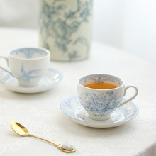 中式创意复古蓝系牡丹花下午茶杯碟 陶瓷咖啡牛奶杯碟红茶杯礼品