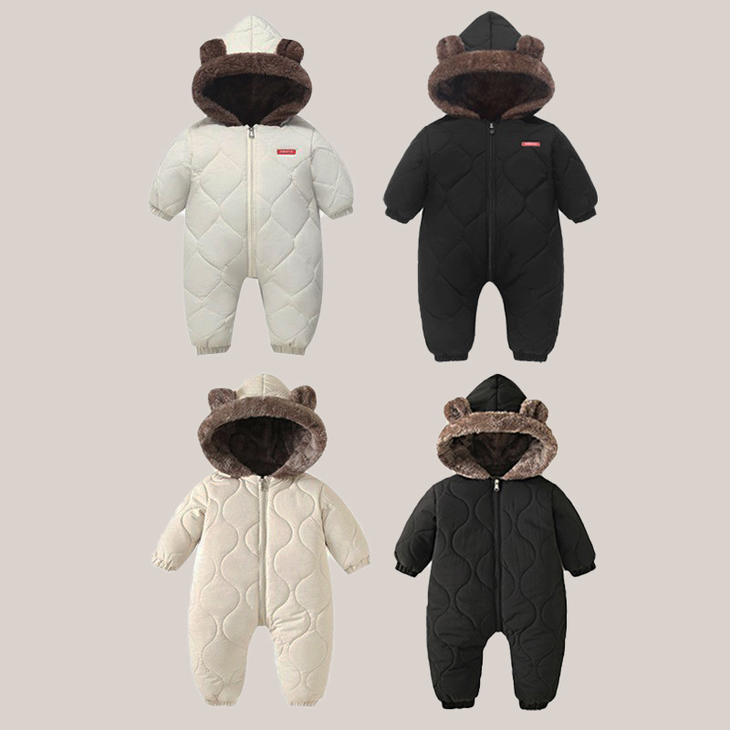 2025新生儿婴儿童羽绒棉服耳朵款外套加绒连体服加厚爬爬服装