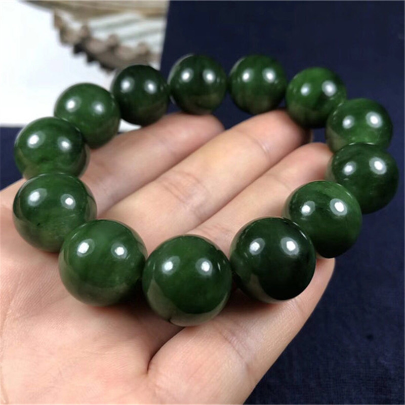 天然新疆和田玉碧玉手链男款大圆珠菠菜绿玉石手串玉器礼品批发