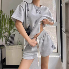 华夫格夏季休闲运动服套装女宽松短袖短裤韩版学生大码减龄两件套