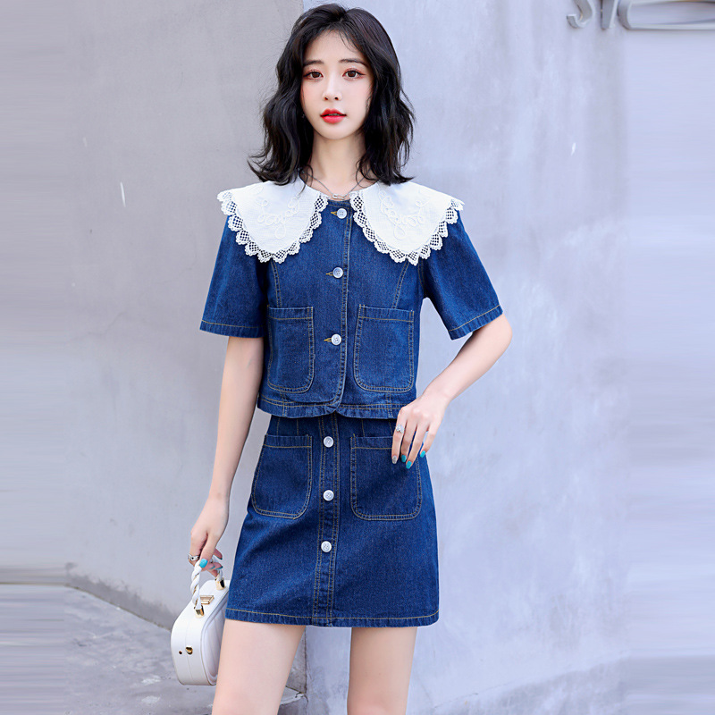 蕾丝拼接娃娃领短款上衣半身短裙小个子两件套套裙时尚套装女装