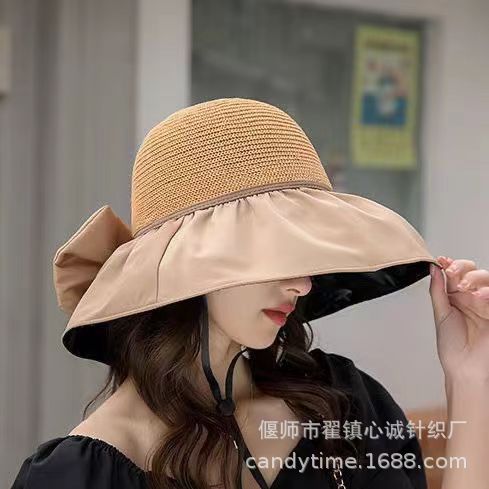 Summer New Buggy Bag Vinyl Sun Protective Hat Bow Female Breathable Big Brim Outdoor Beach Bucket Hat Wholesale
