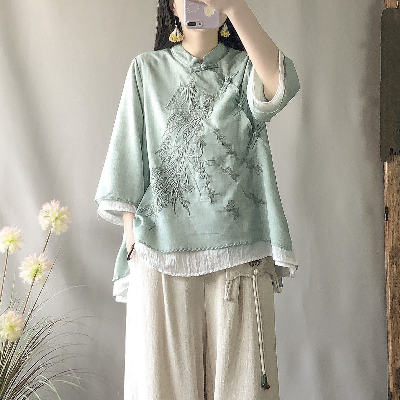 新款春夏季复古风宽松棉麻斜襟盘扣衬衫改良汉服禅意茶服女装上衣