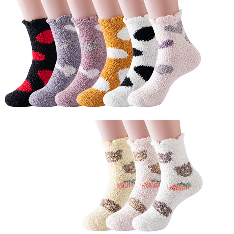 珊瑚绒袜子爱心跨境居家袜睡眠袜加绒女中筒保暖地板袜诸暨袜子