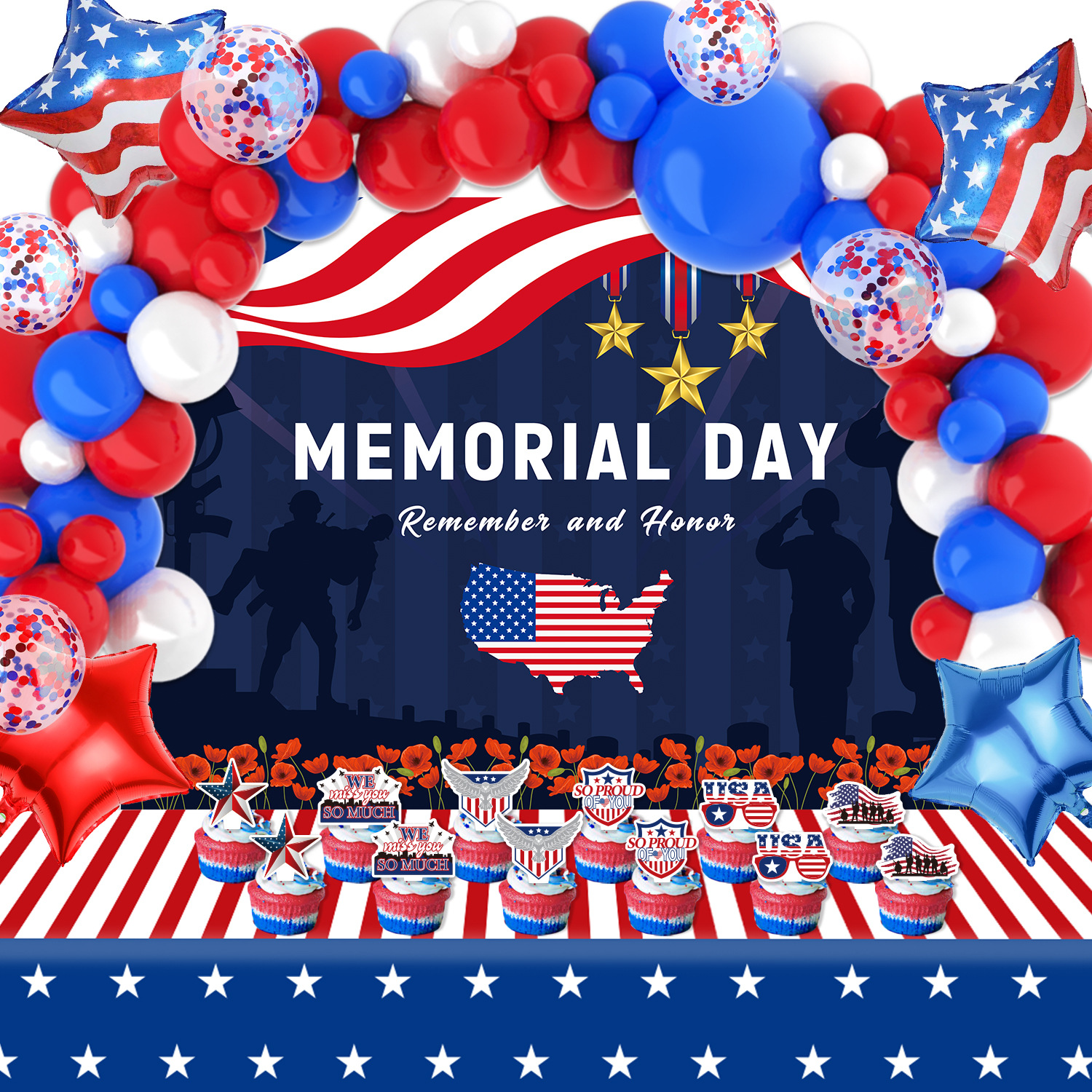 Memorial Day Party Decoration Supplies Background Fabric Five-Pointed Star Aluminum Balloon Small Plug Tablecloth Suit