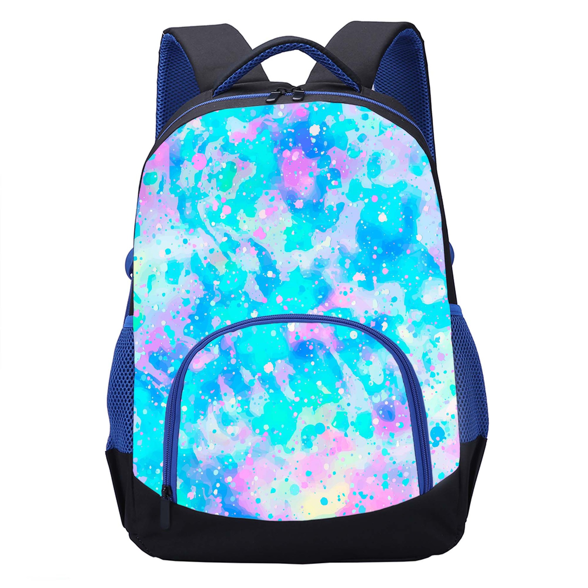 彩虹背景图案印花小学生书包 17寸蓝色粉色学生书包跨境一件代发