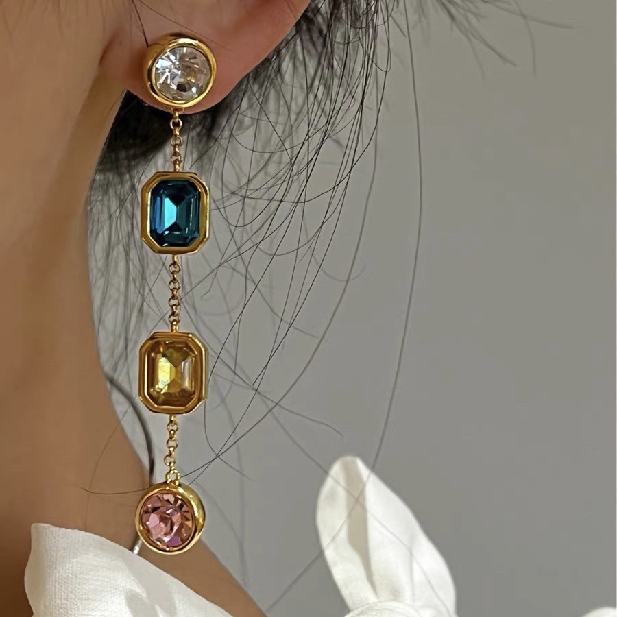 Silver Needle European and American Gem Square Multicolored Tassel Earrings Personalized Cold Style Creative Fashion High Sense Earrings Wholesale