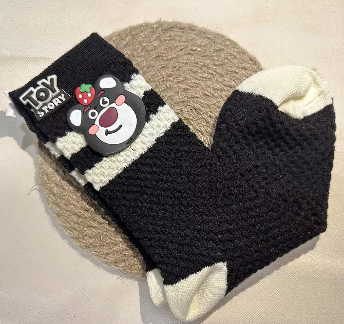 Women's Cute Bear Embroidery Logo Mid-Calf Cotton Socks Cartoon Versatile Internet Celebrity Ins Trendy Small Bristle Striped Stockings