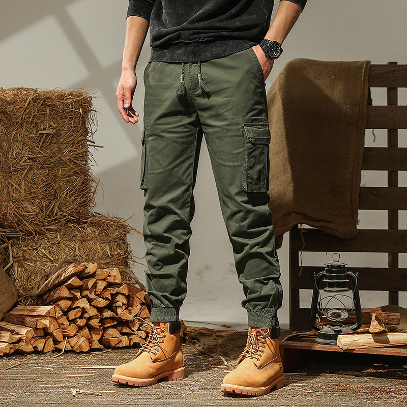 Spring and Autumn Washed-out Vintage Casual Pants Men‘s Ankle-Tied Zipper Overalls Men‘s Multi-Pocket Trousers Sports Trousers Cotton Elastic Pants