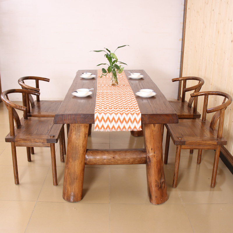 厂家老榆木餐桌椅组合中式全实木复古茶台长方形6人4座饭桌