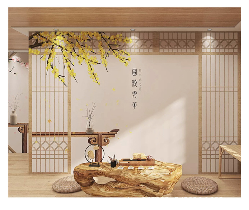 新中式古典梅花屏风壁纸榻榻米网红自拍换装馆古风剧本杀房间墙纸