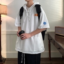 咖啡色连帽短袖T恤男夏季美式复古潮牌潮流设计感卫衣青少年半袖