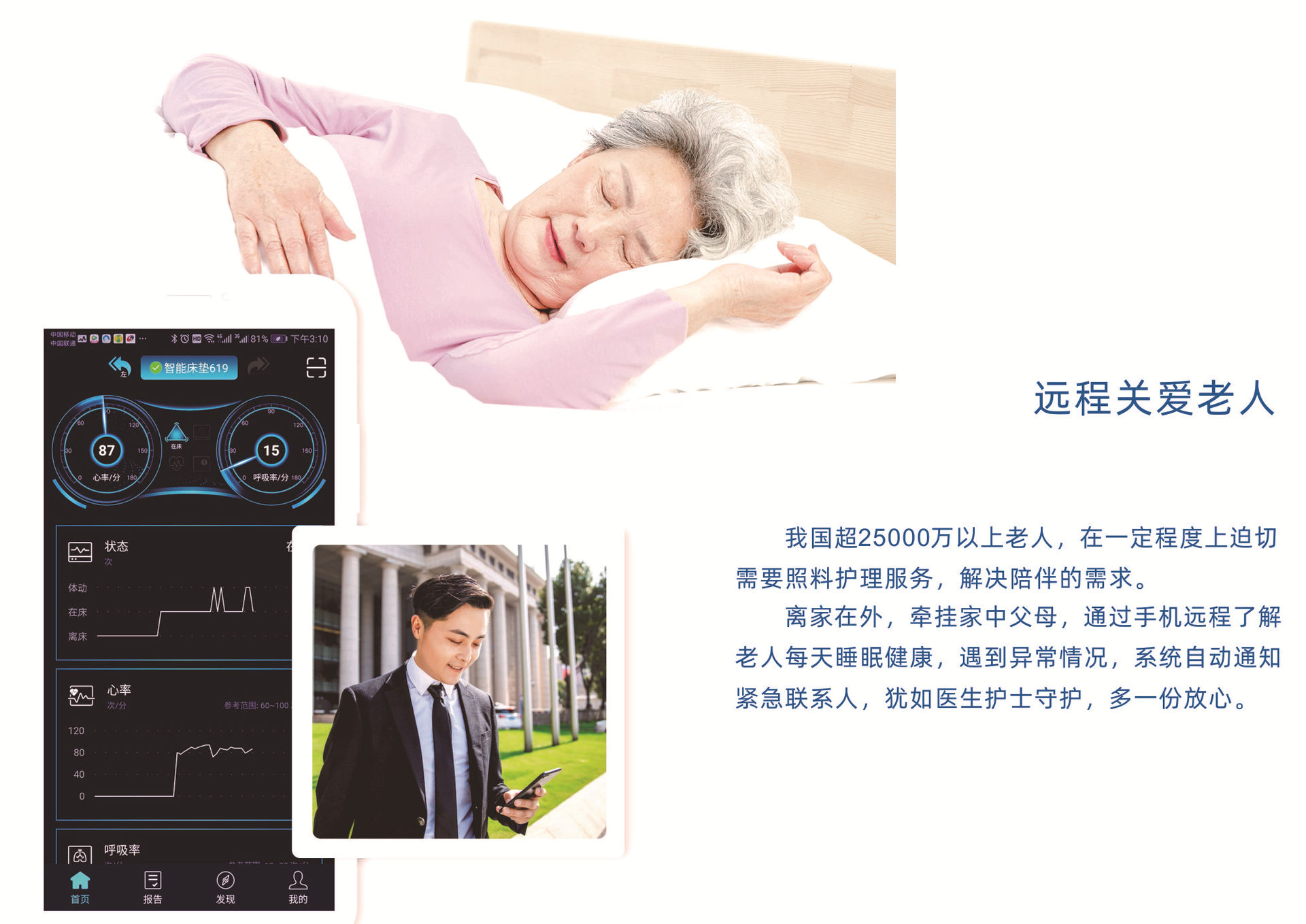 健康监测,在离床记录,眠眠质量分析,改善睡眠,app远程关爱老人装箱
