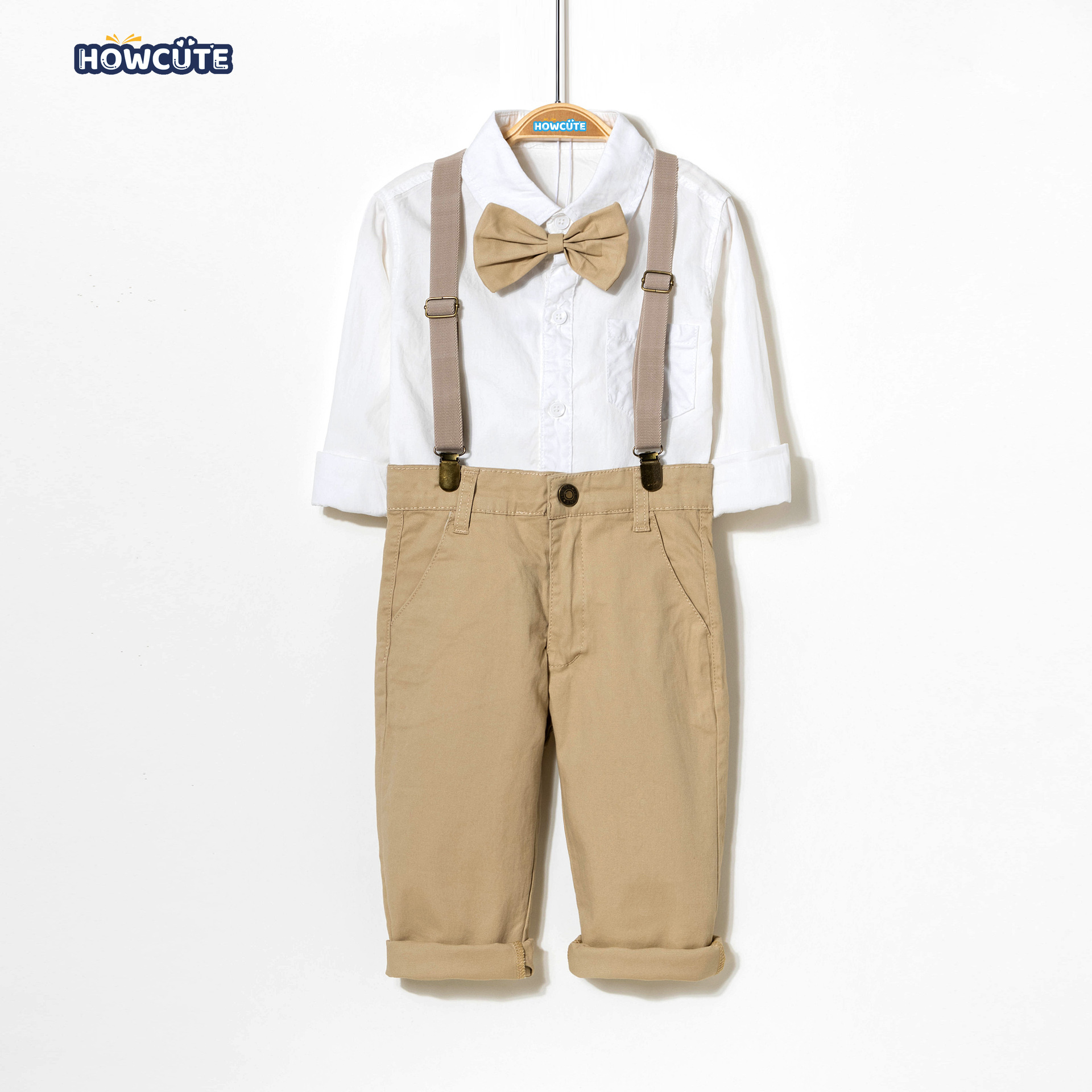 hc纯棉男童演出服白衬衫背带裤主持人合唱班服外贸男孩小花童背带