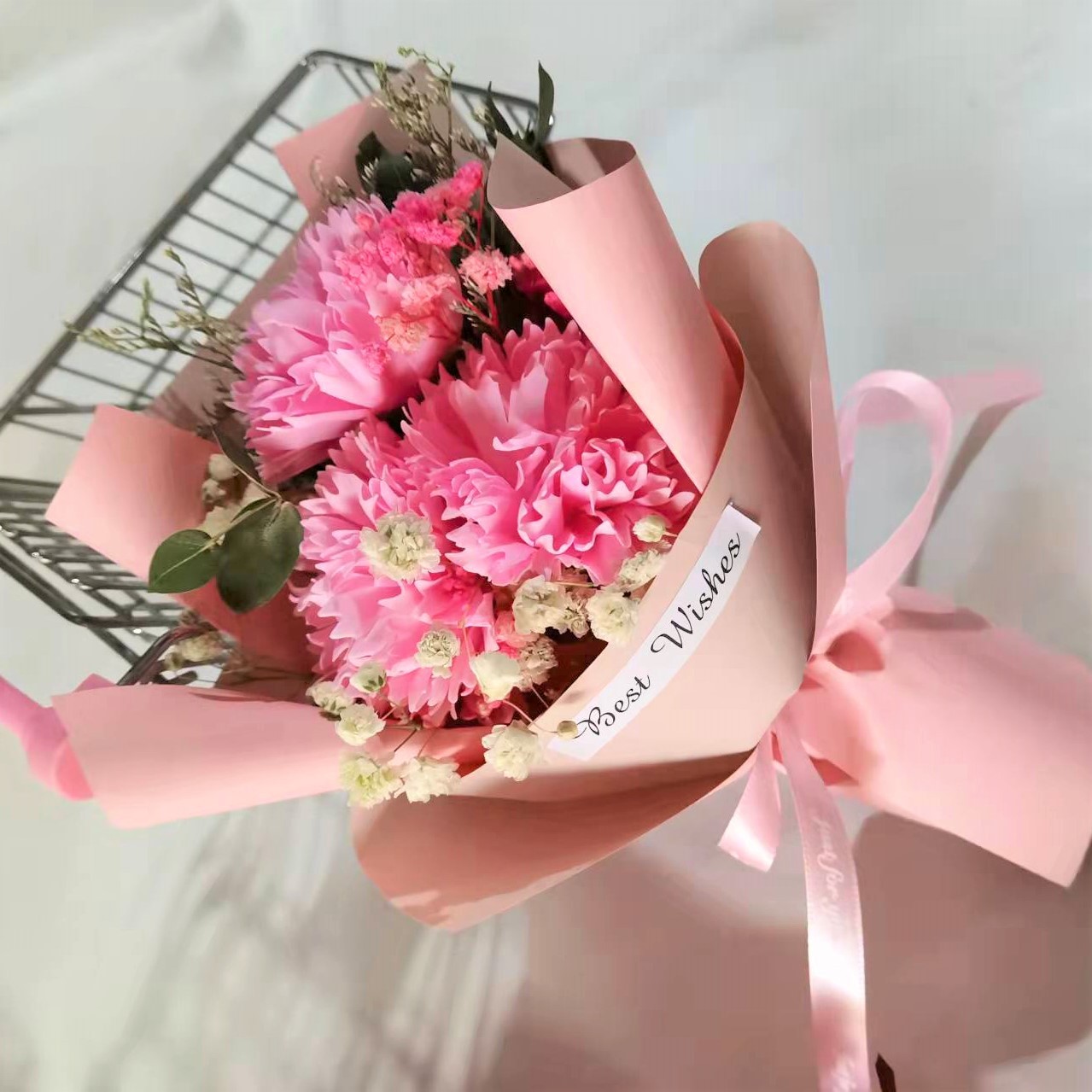 母亲节三朵康乃馨小花束香皂花干花仿真花束节日礼盒搭配花束