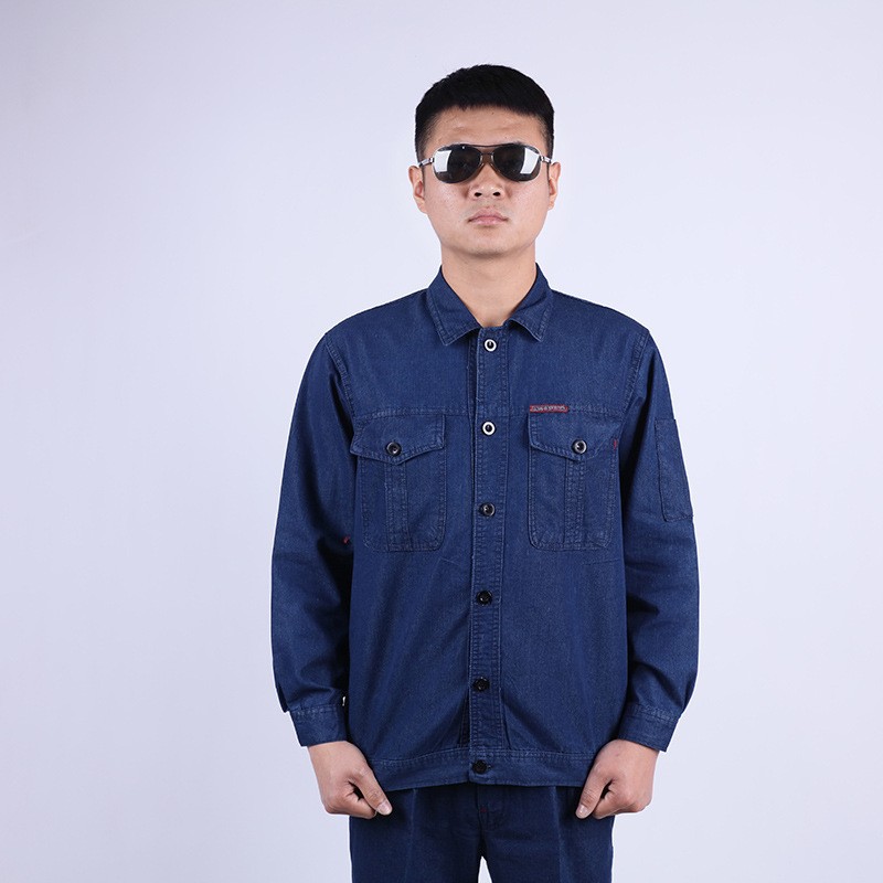 夏季长袖牛仔工作服套装防火花焊工电焊服劳保服工装厂服工服印字