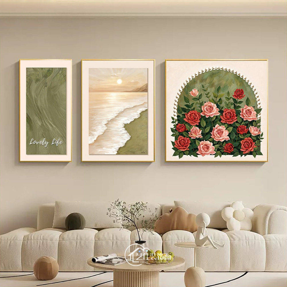 法式奶油玫瑰花卉客厅装饰画小众艺术沙发背景墙挂画高级感三联画