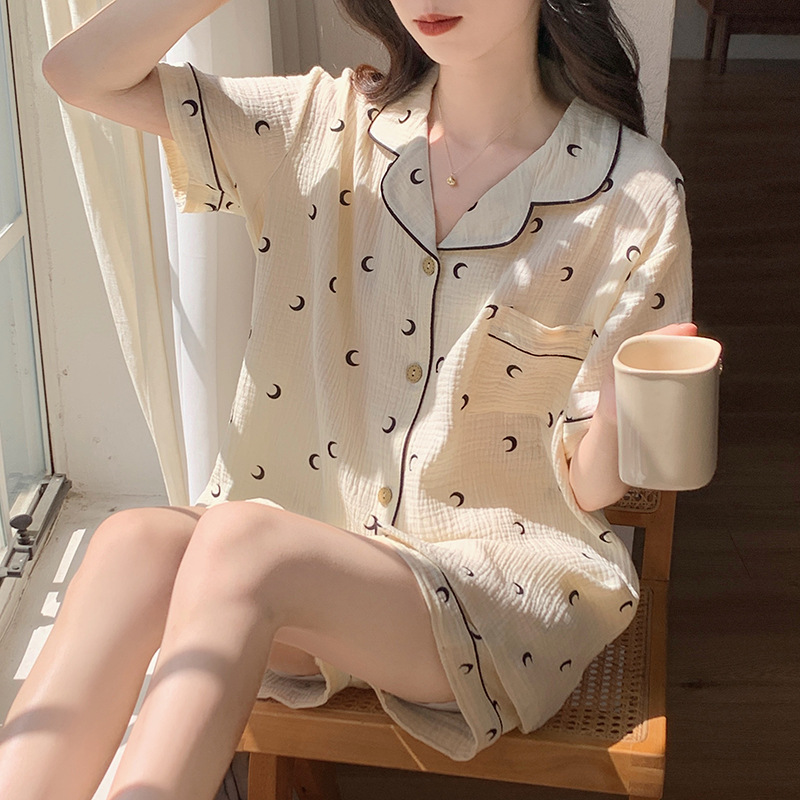 Cotton Pajamas Women's Summer Cotton Short-Sleeved Women's Thin Cartoon Gauze Cotton Silk Summer Loungewear Suit Wholesale