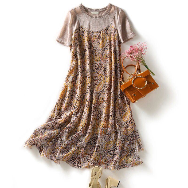 2022夏季新款 印花吊带连衣裙短袖褶皱领拼接假两件中长裙女-阿里巴巴