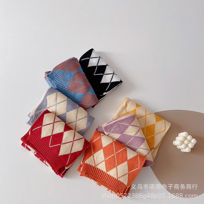 儿童针织围巾秋冬新款ins风彩色菱形格子男女童保暖宝宝毛线围脖