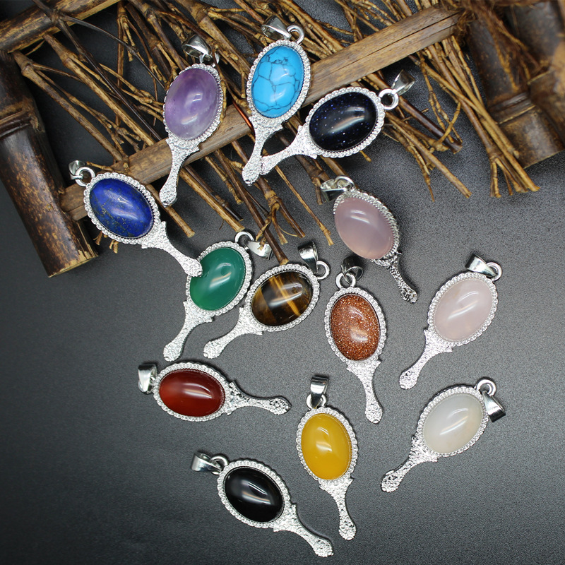 跨境外贸水晶饰品批发 天然石时尚魔镜小吊坠粉玛瑙项链女士-阿里巴巴