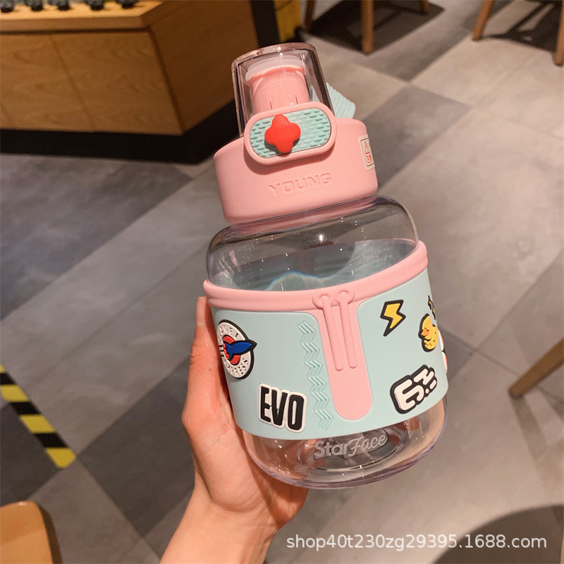 Children's Cute Cartoon Plastic Cup Ins Good-looking Large Capacity Drop-Proof and Portable Water Cup High Temperature Resistant Sports Bottle