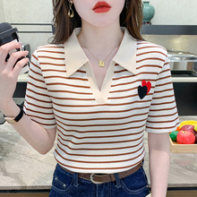 3366#棉条纹短袖t恤女POLO领（实拍模特）（95%棉）