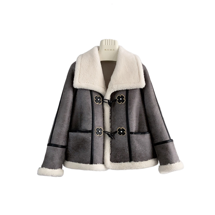 复古羊剪绒大衣皮草翻领花朵秋冬加新款复合皮毛一体短款外套女暖