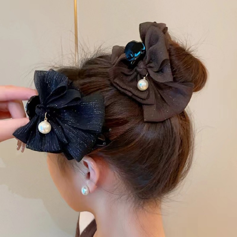 珍珠雪纺蝴蝶结抓夹韩版高马尾发夹丸子头固定神器鲨鱼夹发卡头饰