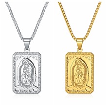 不锈钢圣母玛利亚祈祷项链 欧美热款镀金方牌男女士奖章吊牌项链