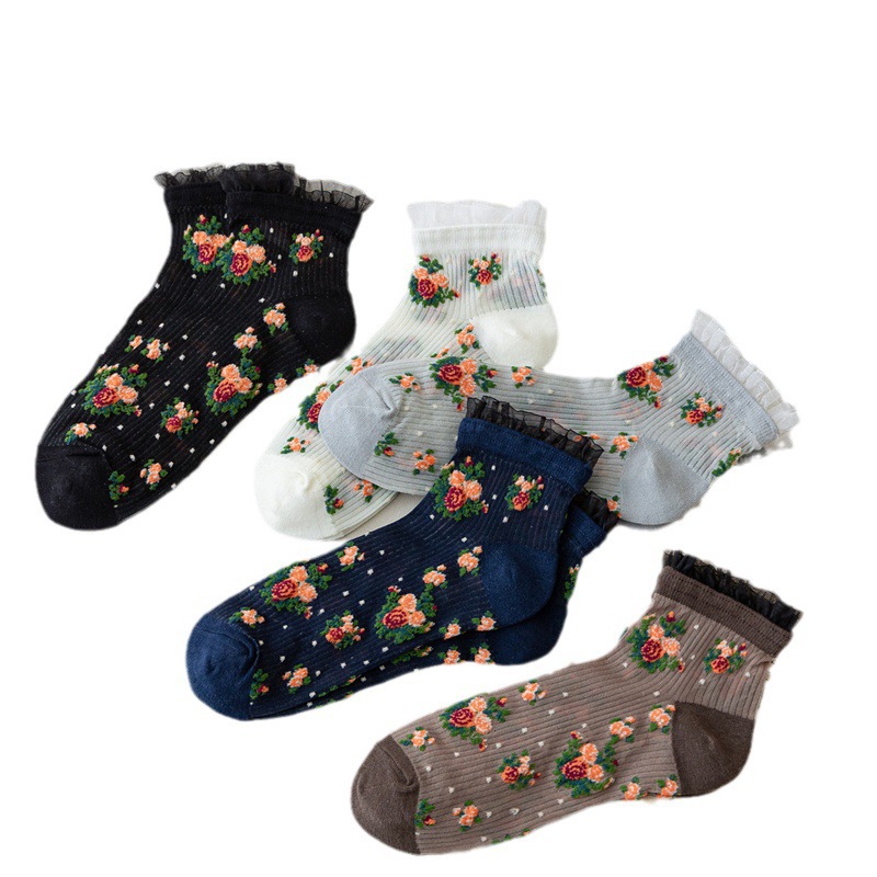 2024 Women's Boat Socks Spring/Summer Kanekalon Thin Breathable Short Socks Japanese Style Lace Lace Small Floral Boat Socks