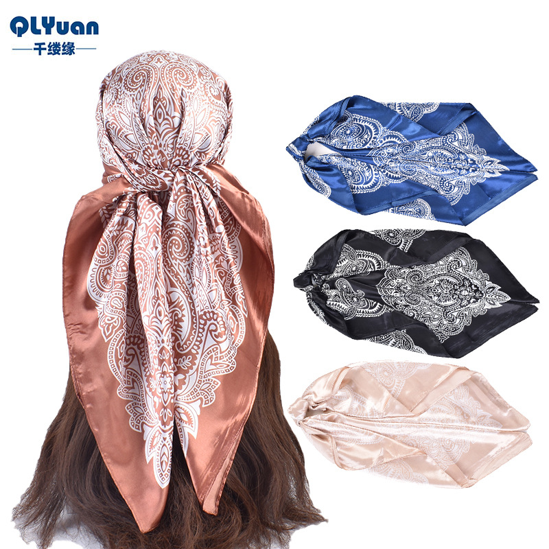 2023 New European Style Fashion Paisley Pattern 90 Satin Large Kerchief Headcloth Scarf Yiwu Supply