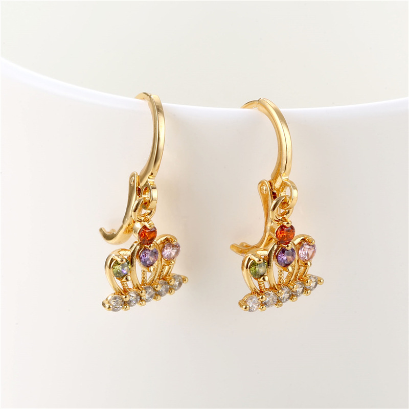 Copper-Plated Gold Diamond-Embedded Ear Ring Geometric Crown Earrings Colorful Zircon Earrings Women's Cross-Border Fashion Copper Ornaments Spot Goods