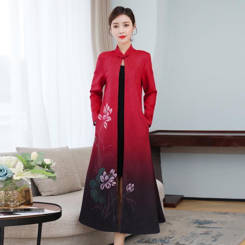 民族风麂皮绒风衣2020秋冬立领盘扣纯手工绘花宽松显瘦长外套