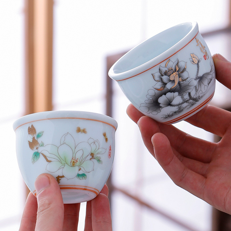 水缸杯陶瓷影青茶杯家用品茗杯送礼高档主人杯礼盒装个人功夫茶盏