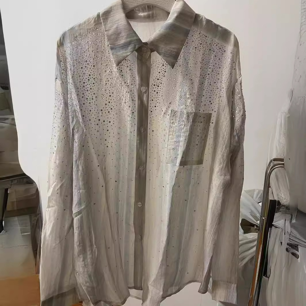 欧美重工渐变烫钻数码印彩面料潮牌女装衬衣夏季-阿里巴巴