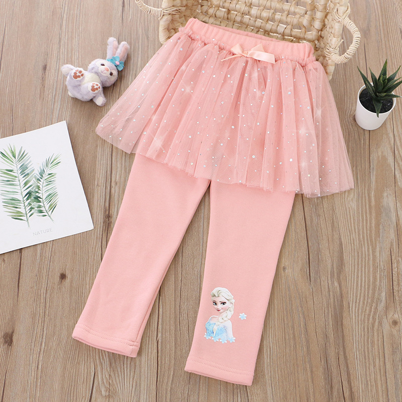 Frozen Girl's Pants Spring and Autumn Children's Leggings Fake Two-Piece Skort Elsa Padded Fleece Trousers Autumn and Winter