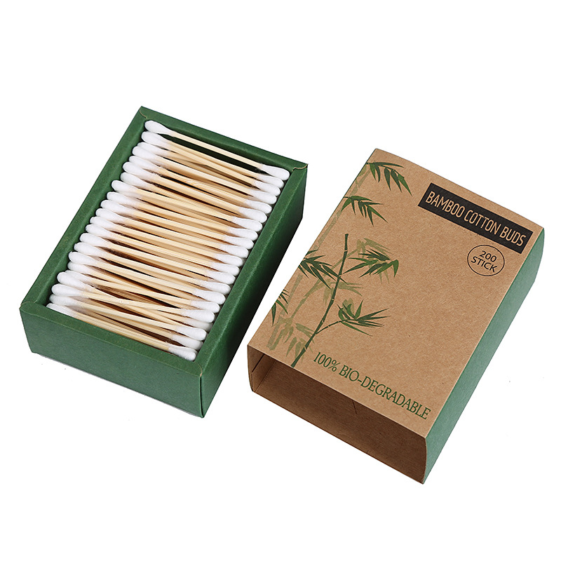 Practical High Quality Double Ended Cotton Wwabs Bamboo Wooden Disposable Makeup Removing Cotton Swabs Boxed 200 Cotton Swabs Factory Direct Supply