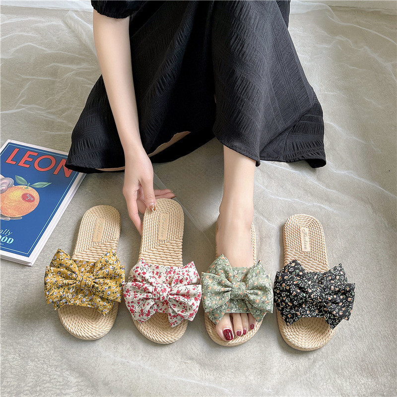 Cross-Border New Arrival Summer Slippers Women's Outer Wear Flat Fashion Bowknot Ins Tide Beach Flower Flip-Flops Wholesale