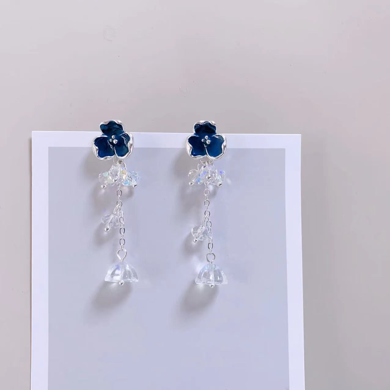 新中式古风水墨青花水晶流苏耳坠小众设计高级感耳钉女无耳洞耳夹