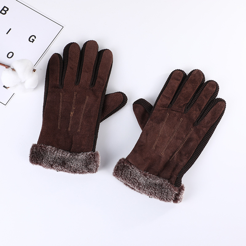 Factory Direct Sales Solid Color Autumn and Winter Men's Thickened Gloves Velvet Lined Warm Gloves Pigskin Outdoor Sports Gloves