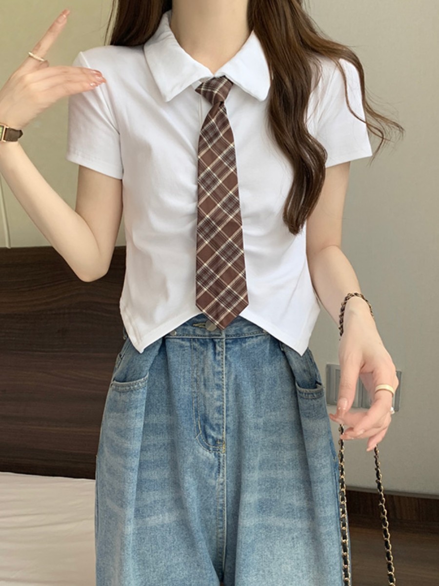 2023 New Summer Polo Collar Slim-Fit Shoulder Short-Sleeved T-shirt for Women (Free Tie)