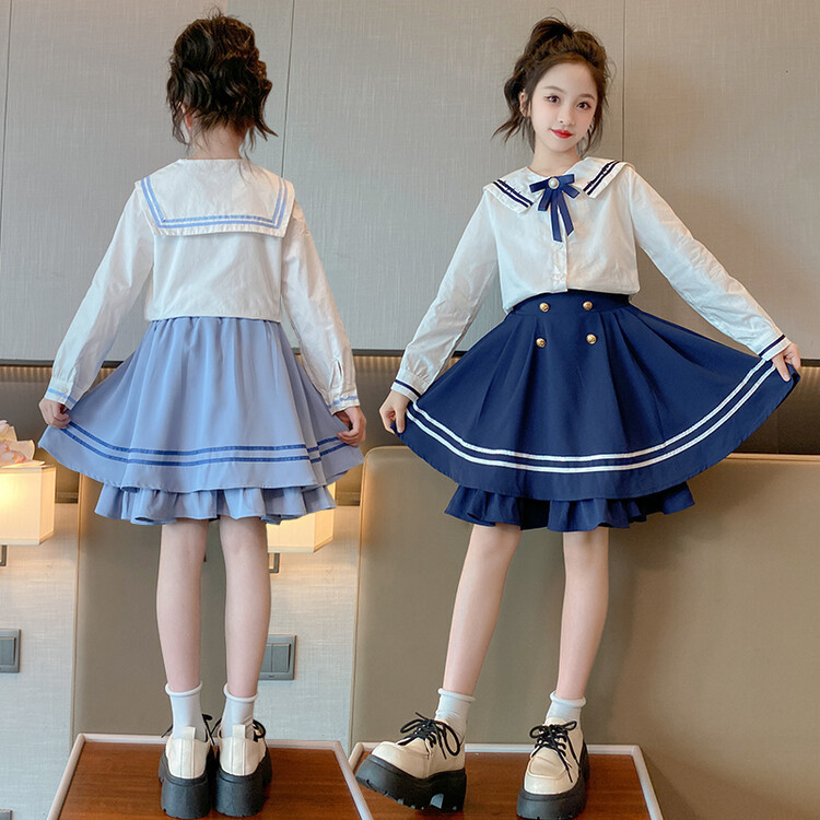 外贸跨境代发女童学院风套装裙海军领怀旧风童装学生水手服两件套