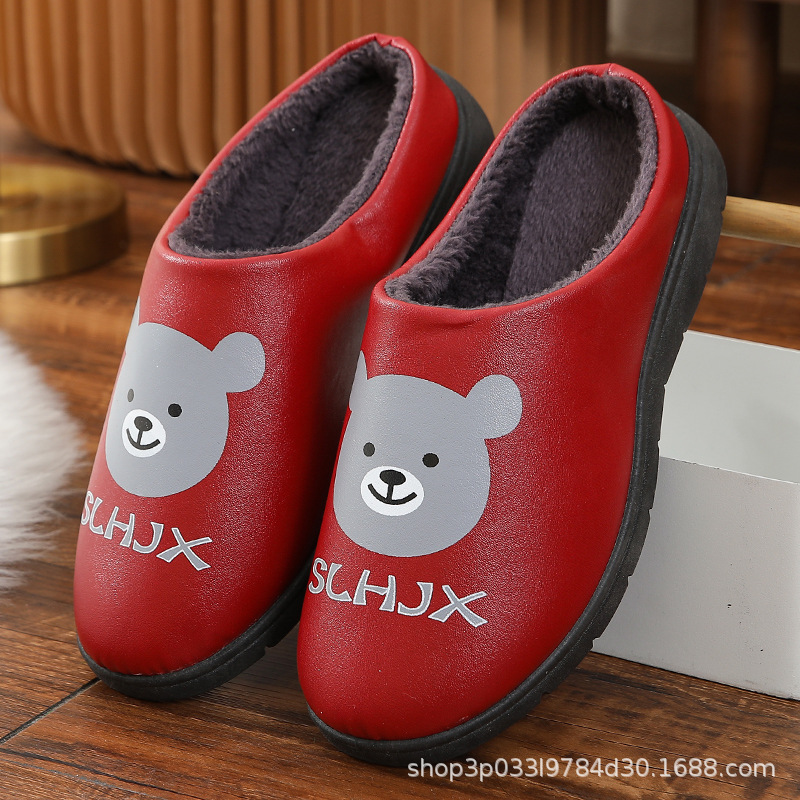 2022 Fleece-lined Thick Leather Cotton Slippers Couple Slippers Fashion Casual All-Match Solid Color Non-Slip Wear-Resistant Women's Men