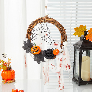 花环万圣节恐怖南瓜藤环节日装饰眼球恐怖染血蜘蛛网枯枝仿真花环