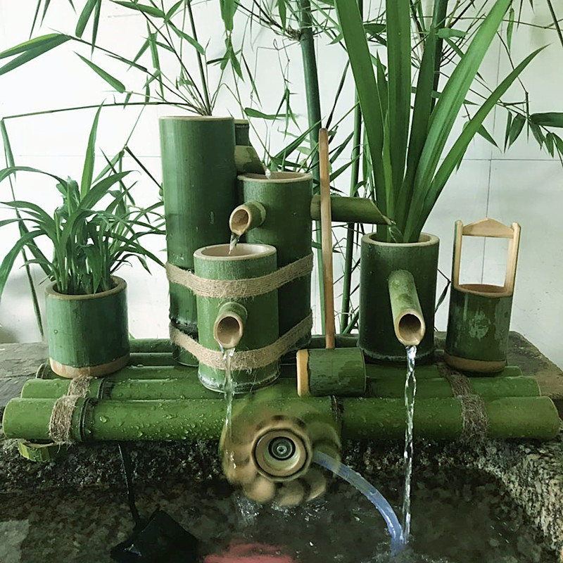 竹子流水器石槽鱼缸鱼盆过滤器 水景喷泉风水轮水车摆件加温增氧
